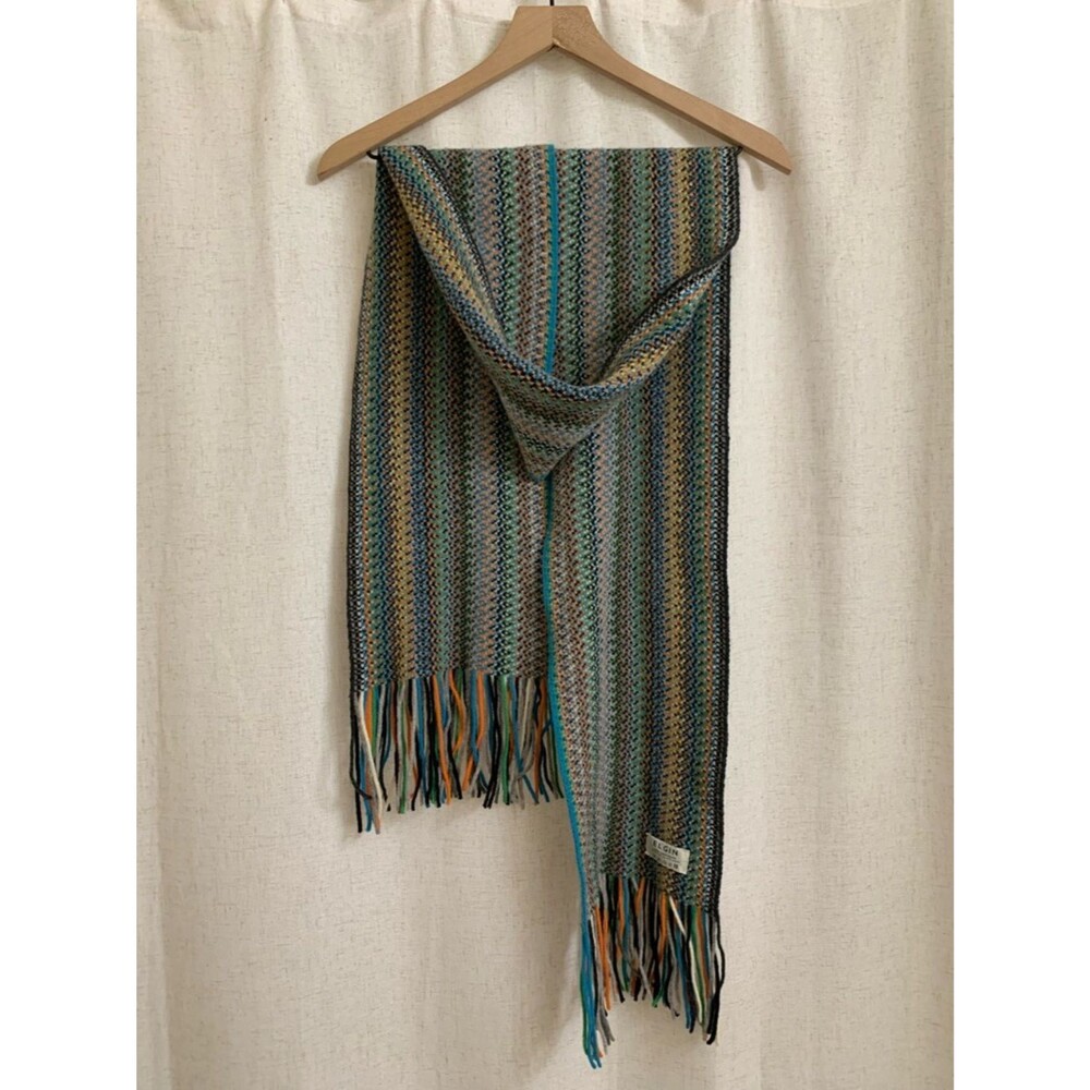 Johnstons of Elgin 100% Lambswool Scotland Striped Multicolor Knit Scarf Fringe